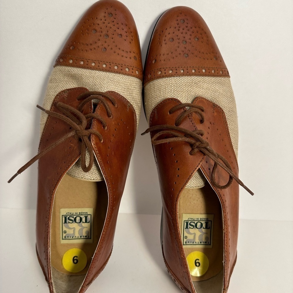 TOSI Thirty Five 35 Made In Italy Leather Fabric Brown Tan Oxford Derby Shoes 9 - Picture 7 of 11